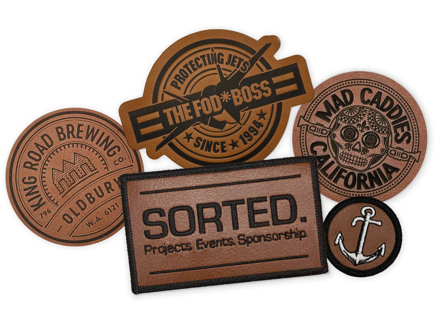 Custom leather patches including embossed, engraved and embroidered styles for caps, apparel and branded merchandise