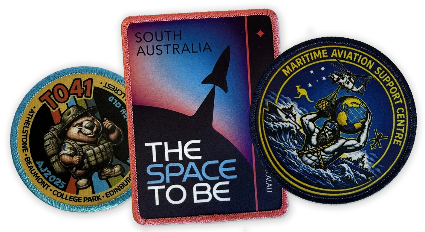 Custom sublimated patches with vibrant colour gradients for detailed logos and designs