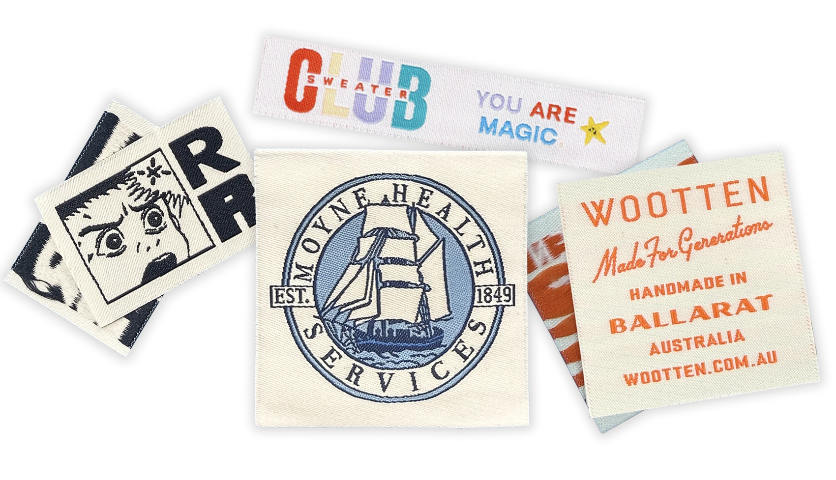 Custom woven labels showing detailed, colourful and text designs for clothing and apparel branding