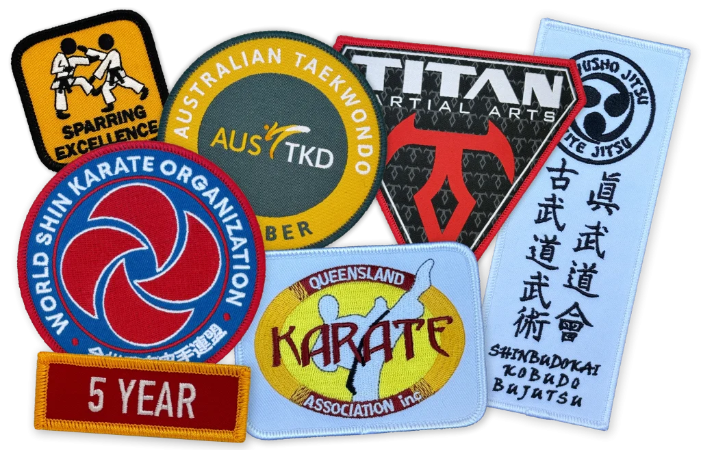 Collection of custom martial arts patches for karate, taekwondo and Brazilian Jiu Jitsu clubs