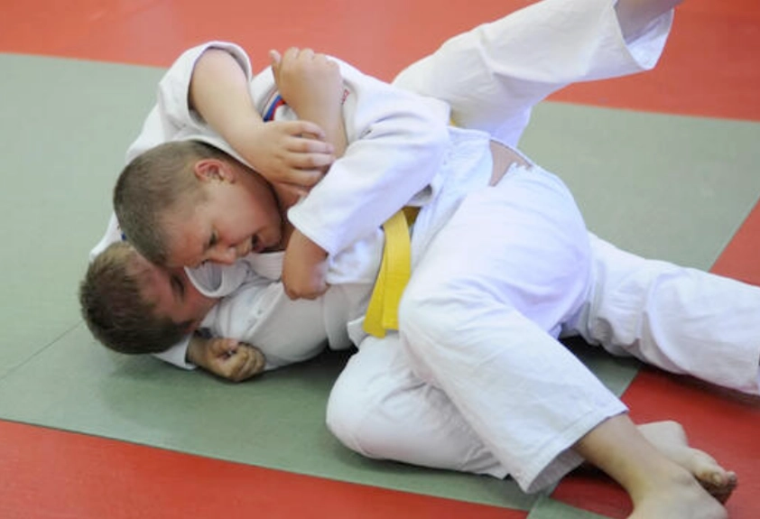 Kids martial arts grappling during dojo training class