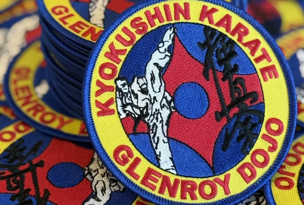 Close-up of custom Kyokushin Karate club embroidered patches