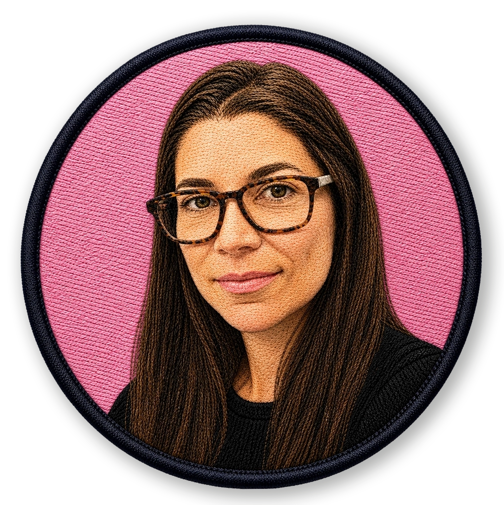 Embroidered-style portrait of Alessandra from MrBadges admin and operations team